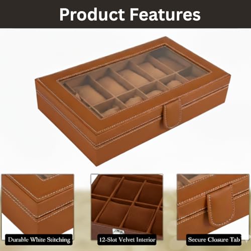Image of BOXXO 12 Slot Watch Organizer Box for Men & Women - Premium PU Leather Watch Case, Soft Velvet Cushions & Glass Lid Display, Elegant Storage Box - 34x20x8 cm (Tan & Brown (Transparent), 12 Slots)