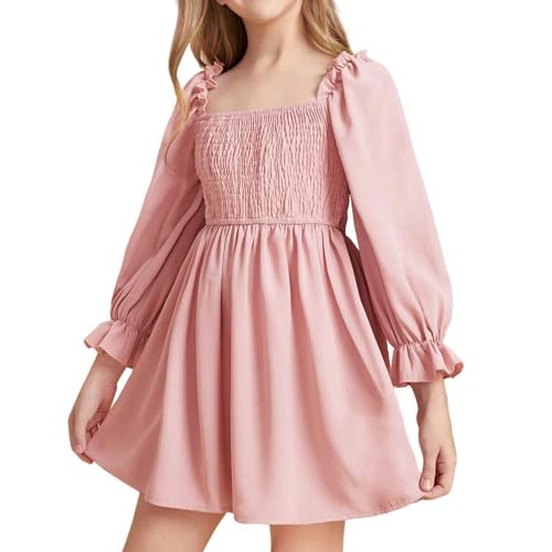 JiAmy Mädchen Kleid Langarm Quadratischer Ausschnitt A-Linie Kleider Frühling Sommer Kinder Freizeit Elegante Hochzeit Party Festlich Kleidung für...