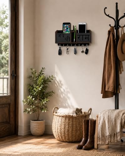 Image of Jai Shree Ram Key Holder Wooden Key Holder Stand for Home Wall, Office, Hall, Living Room, Bedroom Stylish Designer, Home Decor Two Pocket Mobile Charger and Pan Stand 8 Hooks MDF Brown