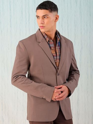 Image of The Indian Garage Co Men Comfort Straight Fit Solid Stretchable Single Breated Knitted Blazers