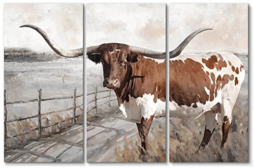 48x36 Longhorn Wall Art, Large Western Farmhouse Cow Canvas Set