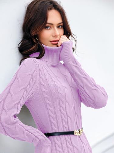 Image of Langwyqu Womens Cable Knit Long Sleeve Turtleneck Bodycon Sweater Dress