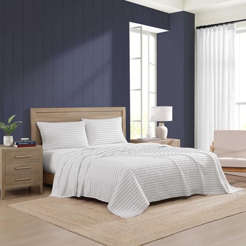 Image of Tommy Hilfiger - King Bed Sheets, Crisp & Cool Cotton Percale Bedding with Matching Pillowcases, Lightweight Bed Set, Oeko-Tex Certified (Rope Stripe Blue)