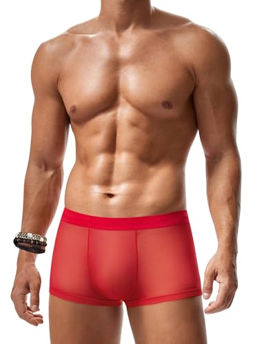 Avidlove Mens Underwear Trunk Breathable Mesh Boxer Briefs Sexy Lingerie Boxer Shorts for Men Red M