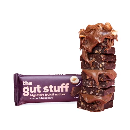 The Gut Stuff High Fibre Fruit & Nut Bars Gut Friendly Snack Gluten Free Vegan Low Calorie Healthy Snacks - 12 Bars - Cocoa & Hazelnut Flavour