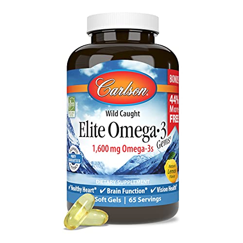 Carlson - Elite Omega-3 Gems, 1600 Mg Omega-3 Fatty Acids Including Epa And Dha, Norwegian, Wild-Caught Fish Oil Supplement, Sustainably Sourced Omega 3 Fish Oil Capsules, Lemon, 130 Softgels #TOP4