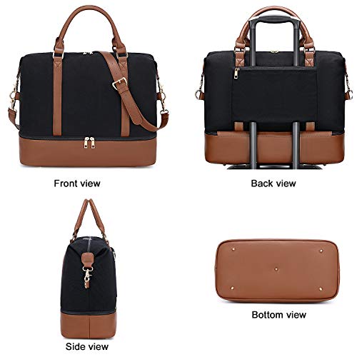 CAMTOP Canvas Weekender Bag, Carry On Travel Tote Overnight Duffel Bag with Shoe Compartment and Trolley Sleeve (B-Black)
