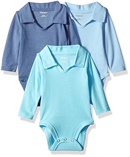 Hanes unisex baby Ultimate Flexy 3 Pack Long Sleeve Polo Bodysuits Bodystocking, Blues, 18-24 Months US