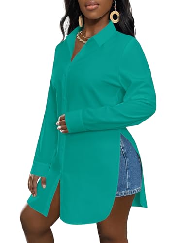 Image of LYANER Women's Collar Neck Long Sleeve Button Down Shirts Sexy Split Hem Tops Long Blouse Shirt Dress