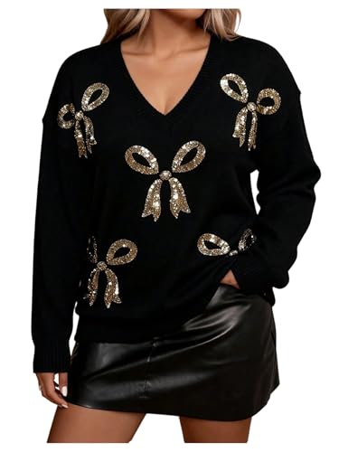 BEAUDRM Womens Plus Size Bow Sequin Baggy Sweater Long Sleeve V Neck Chunky Sweater Sparkly Knitwear Going Out Tops Black XX-Large Plus