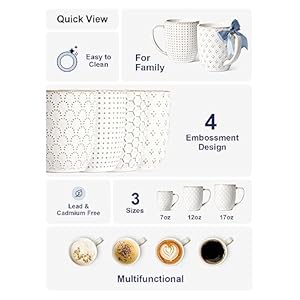 LE TAUCI Coffee Mugs 12 oz Ceramic Mug Set Embossment Cups for Latte Hot Tea Cappuccino Mocha CocoaSuit For Housewarming Wedding 34 inch Set of 4 Arctic White