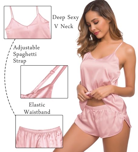 Image of SWOMOG Womens Silk Satin Pajamas Sets 4pcs Sleepwear Sexy Cami Shorts Set and Button Down Short Sleeve Pjs Loungewear