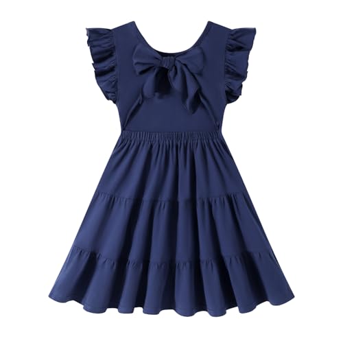 HILEELANG Toddler Girl Open Tie Back Dress Elegant Ruffle Short Flutter Sleeve Cotton Swing Twirly Sundress2