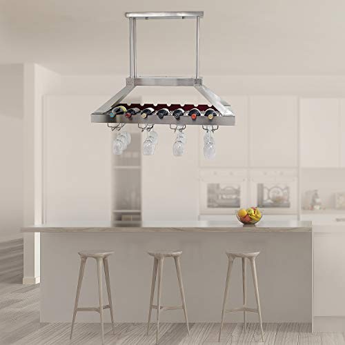 Elegant Designs Wr1000-Bsn Kitchen Hanging Led Light Overhead Wine Rack Island Pendant Chandelier Bottle And Glass Storage Display, Brushed Nickel #TOP5