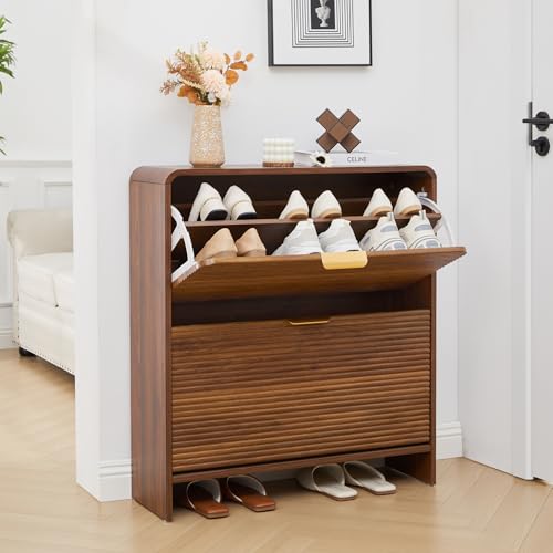 RARZOE Fluted Shoe Cabinet with 2 Flip Drawers, Walnut