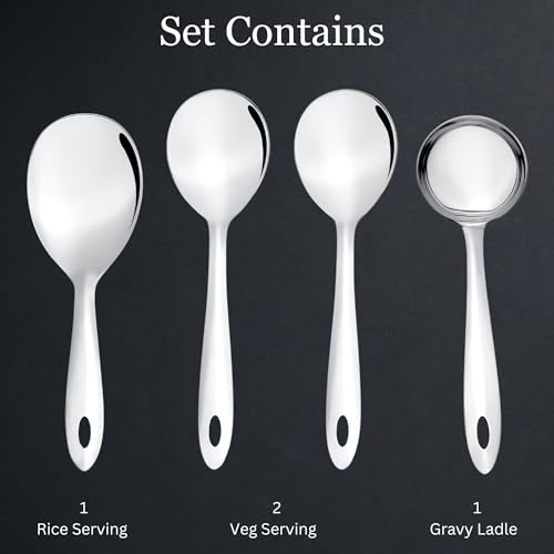 Image of Montavo by FnS 4 Pieces Stainless Steel Serving Spoon Set | 1 Gravy Ladle, 1 Rice Server & 2 Veg Serving Spoons | Premium Kitchen Serving Utensils for Home, Dining & Buffet
