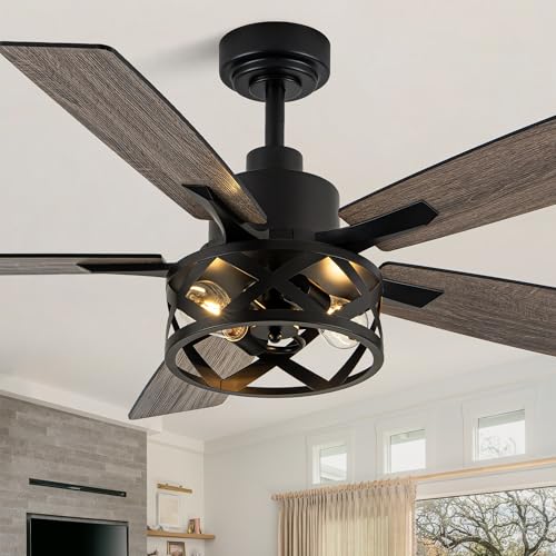 Image of Dawn Whisper 52 Inch Farmhouse Ceiling Fans with Lights and Remote Quiet and Reversible DC Motor Black Industrial Rustic Caged Ceiling Fan for Bedroom Living Room Covered Patio