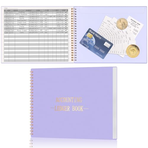 HAUTOCO Accounting Ledger Book for Small Business Bookkeeping Home Budget Tracking with 2 Storage Pouch, Accounting Log Journal Personal Money Ledger Expense Tracking Notebook 10.1 x 7.8'', Purple