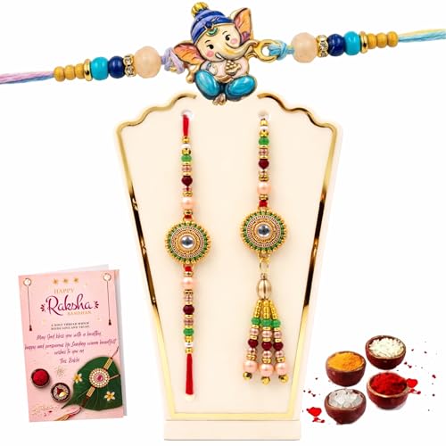 Image of Rakhi for Family,Brother and Bhabhi and Kids- Lumba and Designer n Cartoon Character Ganesh Ji Rakhi Set of 3 for Bhaiya, Sister in Law and Children with Rakshabandhan Greeting Card,Roli Tilak Set