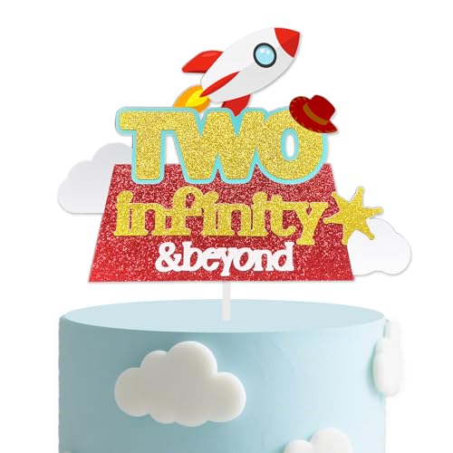 Two Infinity and Beyond Cake Topper, Two Infinty and Beyond Birthday Decorations for Boy Girl Cartoon Story 2nd Birthday Party Supplies