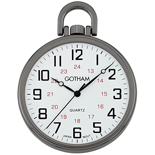 Gotham Men’s Gunmetal Ultra Thin Railroad Open Face Quartz Pocket Watch # GWC15026B