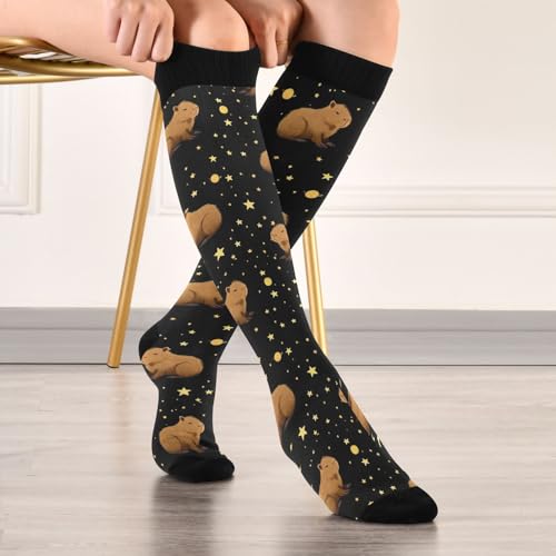 Image of Pigsaly Womens Compression Socks Yellow Stars Funny Brown Capybara Knee High Socks Athletic Tube Sock Outdoor Sport Socks