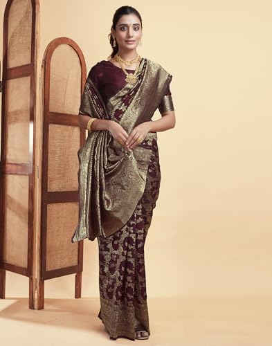Image of SIRIL Women's Banarasi Silk Saree | Kanjivaram Silk Saree With Unstitched Blouse Piece