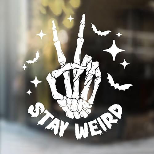 Image of Stay Weird Car Decal Skeleton Spooky Decals Funny Weirdo Mirror Stickers Inspiration Positive Decals Car Accessories Vinyl Waterproof 8 Inches Bumper Sticker Gifts for Mom Dad Friend