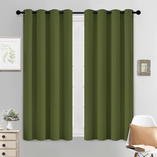 Yakamok Olive Green Curtains 54 Inches Length Blackout Curtain for Bedroom-Green Room Darkening Thermal Insulated Grommet Drapes for Living Room, 52W x 54L,2 Panels