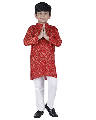Image of AHHAAAA Kids Ethnic Cotton Bandhani Printed Kurta Pajama Set For Boys