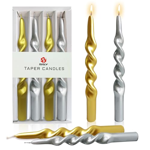 Bougies coniques en spirale de 25cm dorées et argentées pour fêtes | Lot de 4