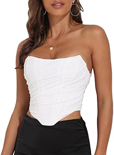 Modegal Women's Vintage Strapless Open Back Boned Mesh Bustier Zip Back Corset Bodyshaper Crop Top (White, 6-8)