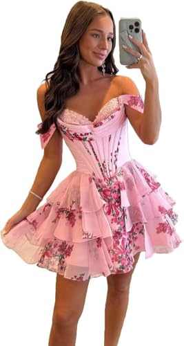 Tiered Chiffon Homecoming Dresses for Teens Off Shoulder Corset A Line Short Cocktail Party Dress 2025 VS216