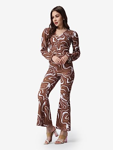 Image of POPWINGS Casual Brown Marble Printed Crop Top and Trouser Set for Women | Co-Ords Set for Women Stylish Western | Full Sleeves V-Neck Crop Top and Bootcut Trouser Set | 2 Piece Set for Women