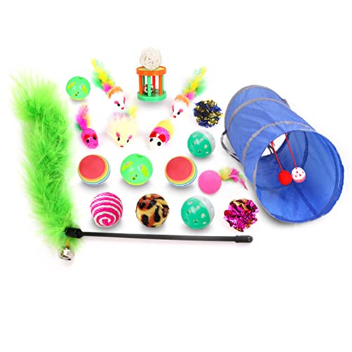 Fairsailrain Cat Toy Set, 20PCS Tunnel Teaser Wand Bell Animals Ball Mix Set, Feather Sisal Indoor Kitty Toy with Random Blue Green Feather