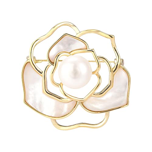 Broche de camelia calado y perlas con pin de seguridad para ropa