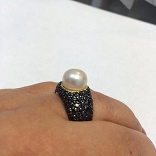 Bague plaquée or perle d'eau douce blanche véritable et zircone cubique noire chic