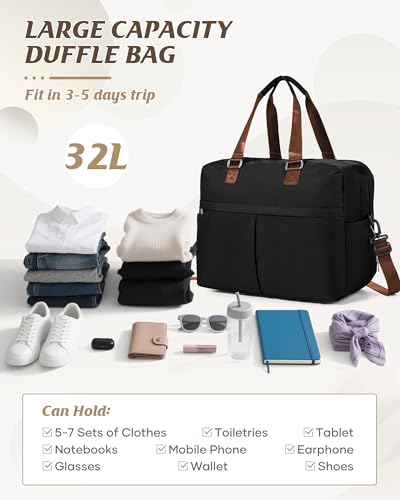 Image of Travel Duffle Bags for Women Men Expandable Personal Item Travel Bags Lightweight Weekender Overnight Carry on Bag for Airplanes Sport Gym Tote Ladies Beach Luggage Bag Black Brown