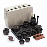 YoeEoay Porzellan Chinesisches Gongfu Tee-Set, Tragbares Tee-Set Für Erwachsene, Asiatisches Teeset Mit Sieb, 13-teilig Mit Grauer Ledertasche, Für Reisen, Outdoor, Geschäft - Schwarze Keramik