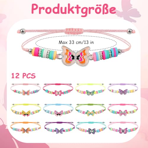 Honosen 12 Stück Freundschaftsarmbänder, Armband Kinder mit Schmetterling Anhänger, Instellbare Geflochten Perlen Armbänder Set, Bunte Gastgeschenk Kindergeburtstag für Mädchen Kinder Mitgebsel