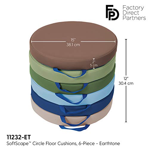 Image of Factory Direct Partners SoftScape 15 inch Round Classroom Floor Cushions with Handles; Flexible Seating for Daycare, Preschool, Playroom; 2 inch Thick Deluxe Foam (6-Piece) - Earthtone, 11232-ET