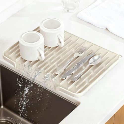 KicthMap Silicone Kitchen Countertop Dish Drying Mat with Water Collection Tray Non-Slip Pad(Beige)