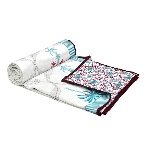 Image of BLOCKS OF INDIA Hand Block Printed Cotton Single Size Reversible Malmal Dohar for Summer (Turq Tree)