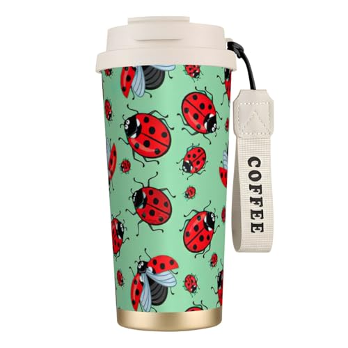 EdWal Taza de café de viaje de acero inoxidable con diseño de mariquitas rojas sobre un fondo azul, tazas de café con tapas, para bebidas frías y calientes