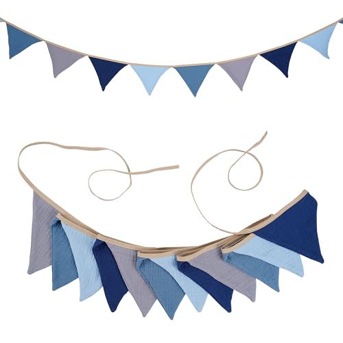 G2PLUS 2.8M Banderines de Tela Guirnalda de Banderine Infantiles,Cadena de Banderines como Decoración de la Habitación de los niños 12 Banderines-Azul/Gris
