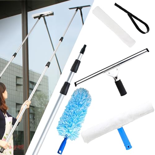 Rasqueta Limpiacristales Herramienta Limpiadora de Ventanas 3 en 1 para Exteriores, Herramienta de Limpieza de Ventanas, Escobilla de Goma, Estropajo, Extensión, Kit de Plumero de Alto Alcance, Limpie