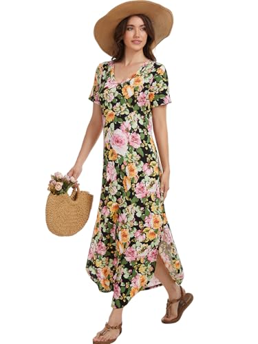 Image of Women's V-Neck Short Sleeve Maxi Sundress Summer Floral Boho Beach Dress with Pockets