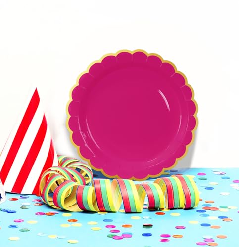 Image of HEIPINIUYE 50 Pieces Hot Pink Paper Plates with Gold Foil 7 Inch Disposable Pink Scalloped Dinner Plates for Wedding Baby Shower Birthday Party Dessert Plate