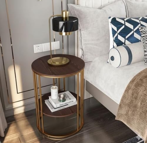 Image of 2 Tier Round Coffee Table with Storage Shelf | MDF Wooden Faux Marble Pattern Top Gold Metal Frame | Side Table, Bedside Nightstand for Living Room Bedroom Balcony Office | Brown Gold (54x40cm)