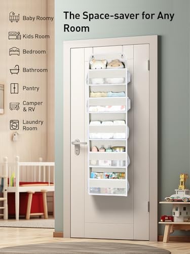 Image of Yecaye 5 Tier Over the Door Organizer, 44lbs Load Toy Stuffed Animal Storage 10 Side Pockets, Bathroom Organizers and Storage for Nursery Newborn Baby Essential Stuff Dorm Room Essentials, Cream White
